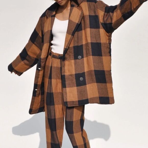 NEW Mara Hoffman checkered plaid linen double breasted puffer jacket size 3X - Picture 1 of 9